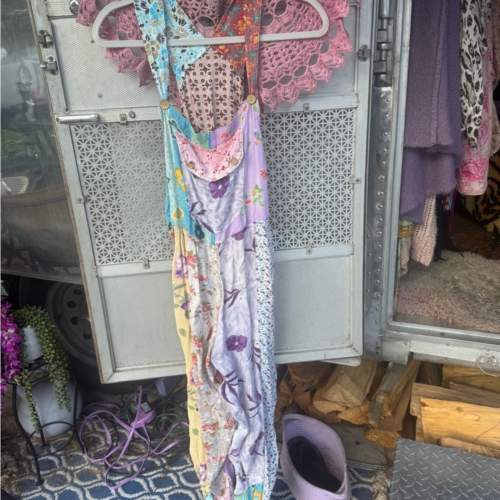 Sacred Threads Boho Patchwork Floral Jumpsuit Overalls in Floral Pastel Mix